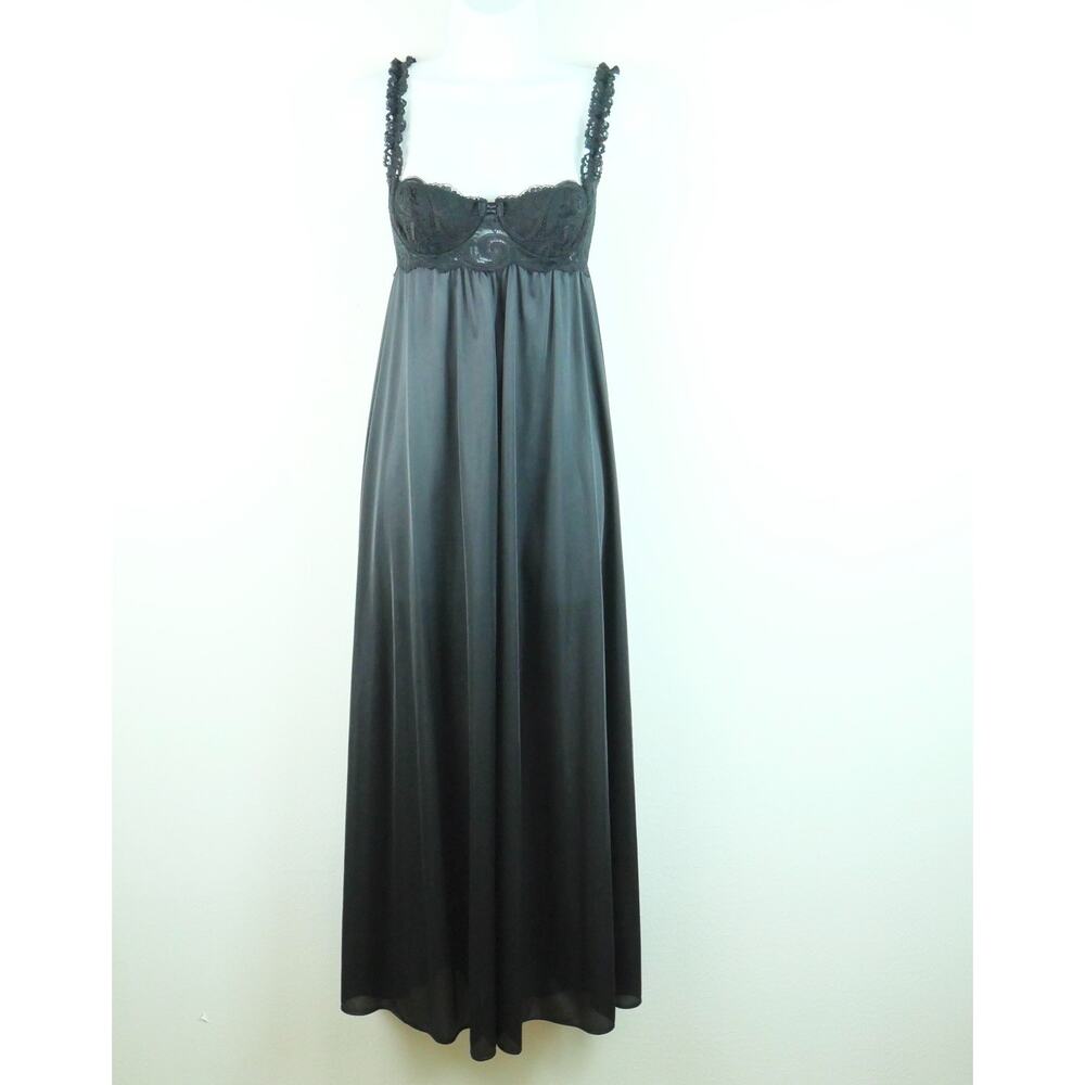 Vintage Olga Nightgown 32 Nylon Black Maxi Slipdress Romantic Hollywood Lace